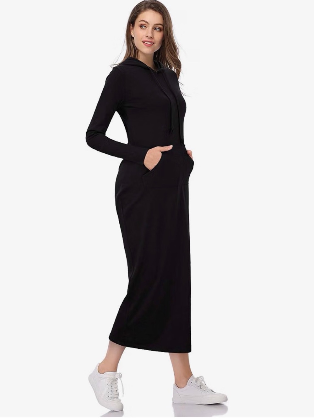 Black Hooded Long-Sleeve Maxi Dress PTP IS 22 inches X-LARGE F LIKE LARGE